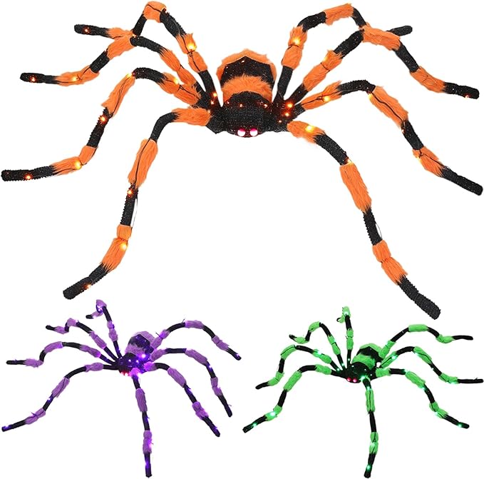 Giant Spider Halloween Decorations, 60” Big Black Lighted Halloween Spider with Red Eyes 56 LED Orange Lights Timer for Spiderweb Indoor Outdoor Yard Party Haunted House Decoration