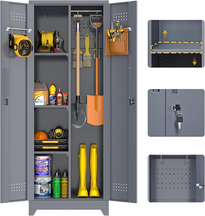 GREATMEET 65" Garage Storage Cabinet, Broom Closet Storage Cabinet, Metal Cabinets with Doors and Shelves, Utility Closet for Brooms and Mops, Utility Cabinets for Storage, Grey