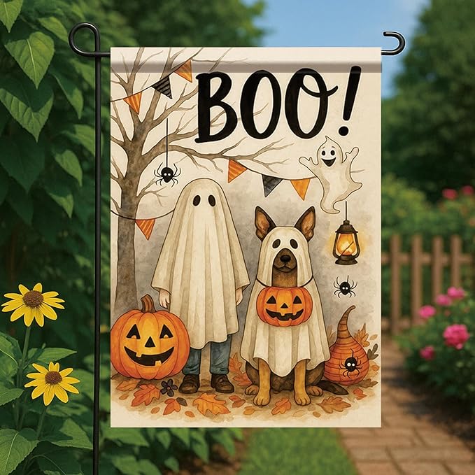 Halloween Garden Flag Ghost Costume Dog Flag 12x18 Inch Double-Sided Pumpkin Boo Yard Banner Fall Outdoor Decoration for Porch Lawn Pathway Trick or Treat Dog Lover Gift