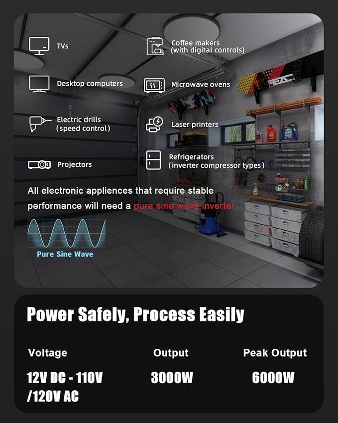 3000W Pure Sine Wave Power Inverters, LVYUAN 6000W Peak Power 12V DC to AC 120V Power Converter for RV, Truck, Outdoor, Remote Control Quadruple AC Outlets and USB Ports Inverter with LCD Display