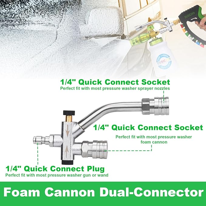 DUSICHIN Foam Cannon Pressure Washer Gun Kit 4000 PSI Double Tip Attachment, Dual-Connector Accessory Soap Cannon,Car Wash Foam Gun Snow Foam Lance 1/4 Inch Quick Connector,7 Sprayer Nozzles DUS2904
