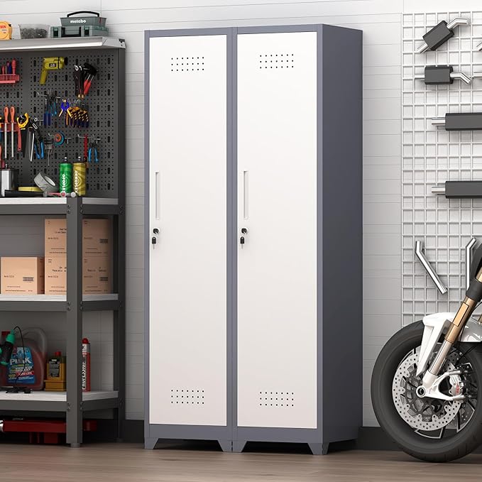 GREATMEET Slim Lockable Garage Storage Cabinet, Narrow Broom Storage Closet, 65" Metal Cleaning Tool Cabinet with Lock and Door,Utility Cabinets for Brooms and Mops for Laundry Room, White&Grey