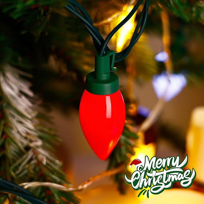 Red&White C9 Big Bulbs Classic Christmas Lights 50 LED 32ft Strawberry Light - Waterproof Green Wire Fairy Lights, for Indoor Outdoor Home Yard Xmas Tree Decorations (Red White - 50LED)