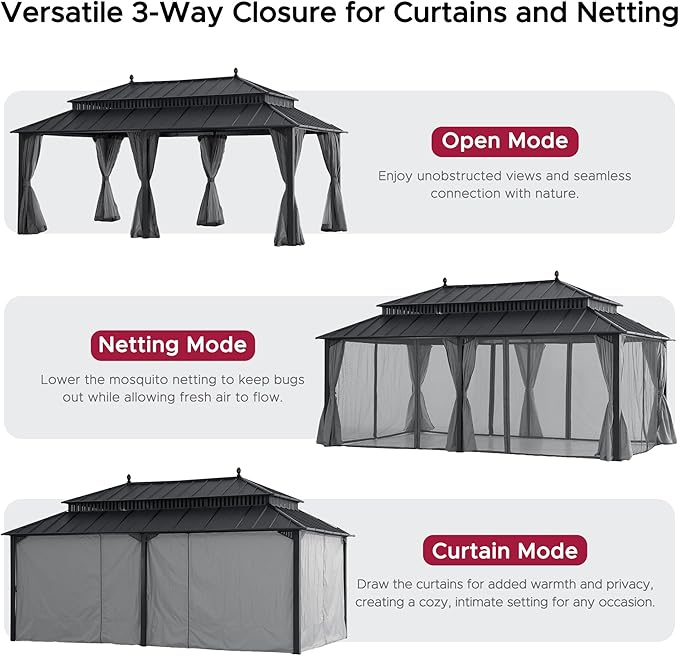 SUNJOY Kingston 20' x 12' Hardtop Gazebo with Galvanized Steel Double Roof, Curtain and Netting, Gray Aluminum Posts Permanent Pavilion Gazebo for Garden, Patio, Deck, Lawn