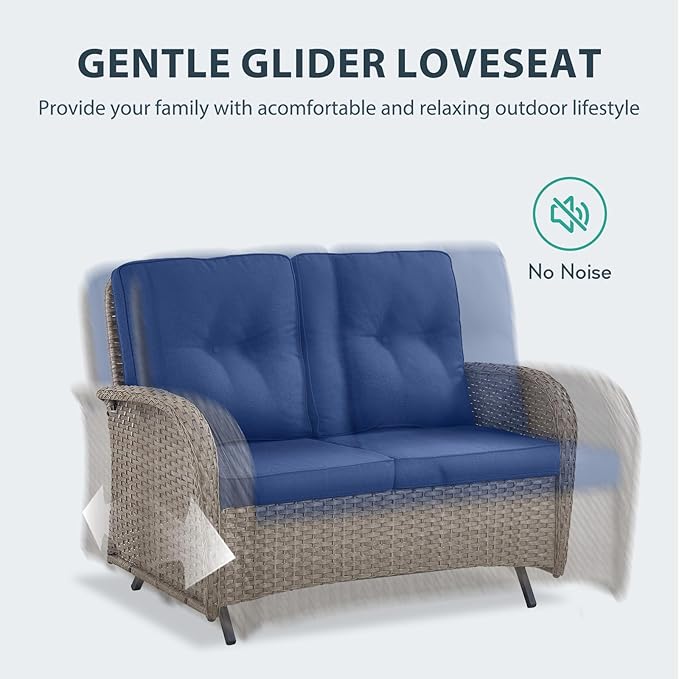 6 Piece Patio Furniture Set - Wicker Patio Conversation Set with Swivel Glider, Glider Loveseat, Tempered Glass Side Table and 2 Ottomans for Deck Backyard - Grey Wicker Blue Cushion