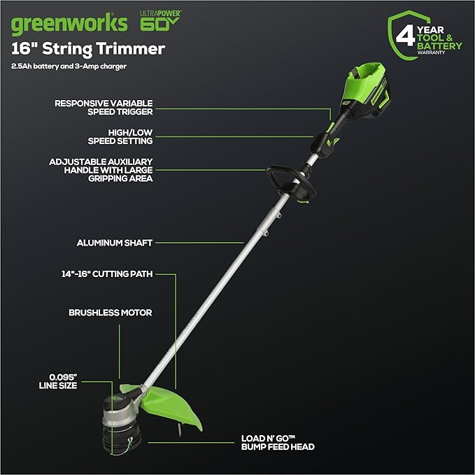 Greenworks 60V 16" Brushless Cordless String Trimmer - 65min Runtime for 2-Mile Fence Lines & Large Properties, 2X Quieter Than Gas, 2.5Ah Battery/Charger Included