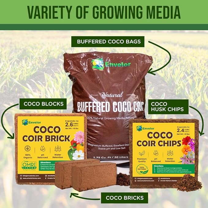 Coco Coir Chips 4-Pack Envelor 2.4 Cu. Ft. Compressed Coconut Coir Bricks 10 lb. Natural Substrate for Indoor Outdoor Coco Chips for Plants Orchid Bark Coco Coir Brick Plant Soil Indoor Potting Mix