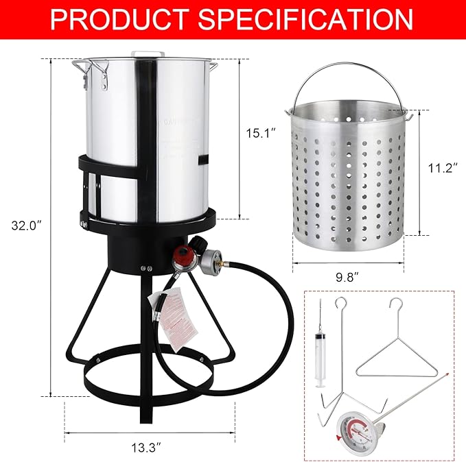 30 Qt Outdoor Round Turkey Deep Fryer Pot,Gas Propane Turkeys Fryer Set,Aluminum Seafood Boil Pot,Turkey Deep Fryers Set,with Propane Gas Burner and Basket,for Crab Lobster Shrimp Boiling (Silver)