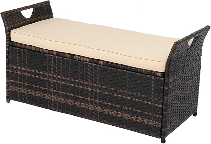 VINGLI 40 Gallon Outdoor Rattan Deck Box w/Cushion, Patio Wicker Storage Box for Tools and Supplies, Garden Deck Storage Bin for Balcony, Porch, Pool, Yard, Brown