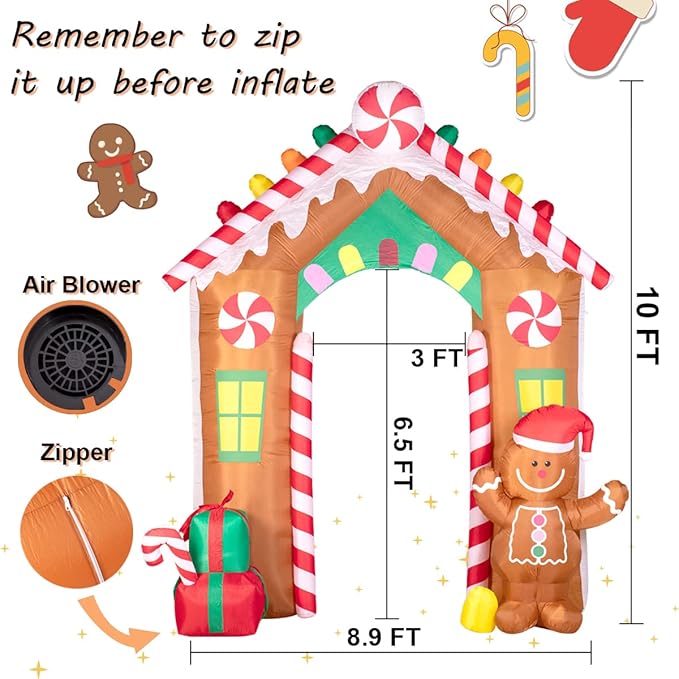 Hioasis 10 FT Christmas Inflatable Decorations - Archway with Gingerbread Man and Gift Box Outdoor Inflatables with LED Lights Perfect for Christmas Party & Yard