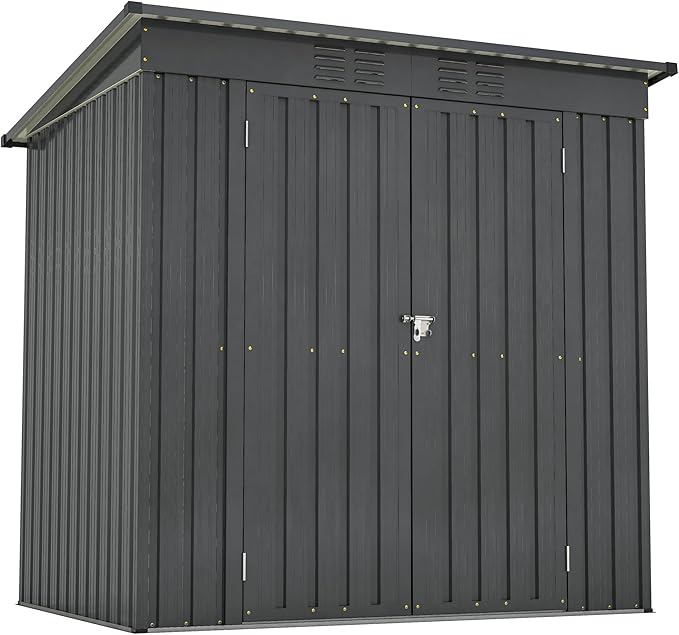 6x4 FT Shed Outdoor Storage Metal Large Garden Tool Sheds with Lockable Doors Floor Frame Sloped Roof Waterproof Steel Utility Equipment Shed for Backyard Patio Lawn Poolside, Black