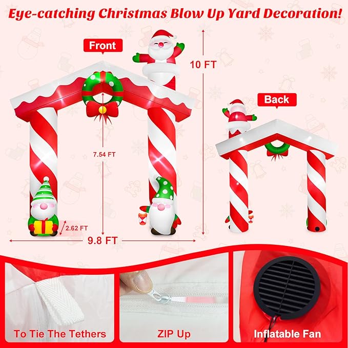 Danxilu 10 FT Giant Christmas Inflation Archway Outdoor Decoration, Blow Up Yard Decorations with Gnomes & Santa Claus Built-in LEDs Xmas Inflatable Arch for Outside Garden Lawn Holiday Party Decor