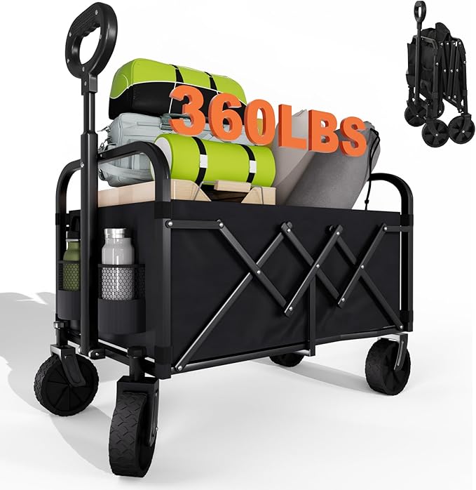 Collapsible Wagon Cart with Wheels, 360 lbs Wagons Carts Foldable Wagon Cart with Flexible Handle, Lightweight Portable Folding Utility Grocery Shopping Cart for Camping Grocery Sports Garden