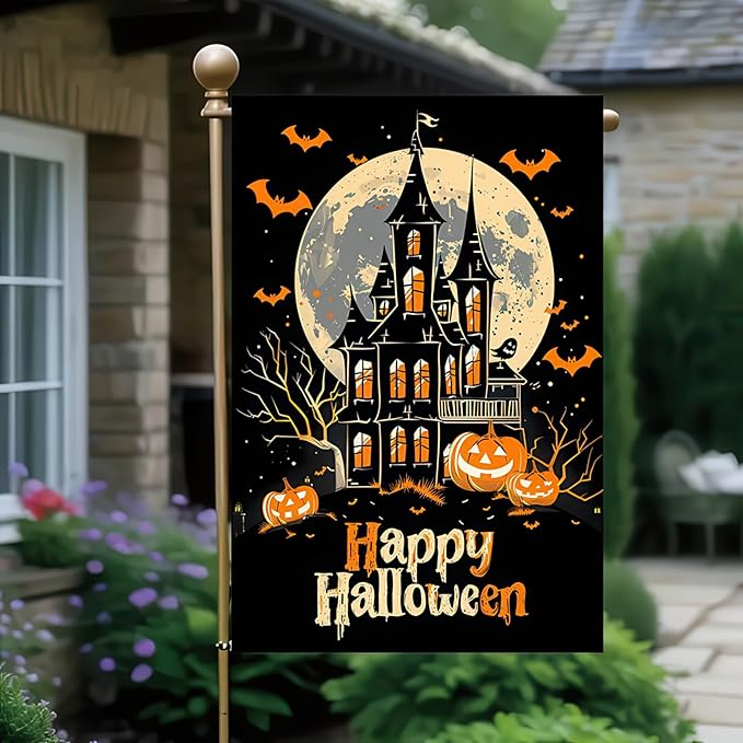 Garden Flags 12x18 Inch Halloween Garden Flag Double-Sided Haunted House Pumpkin Bats Moon Outdoor Fall Yard Sign Holiday Banner for Porch Lawn Decor