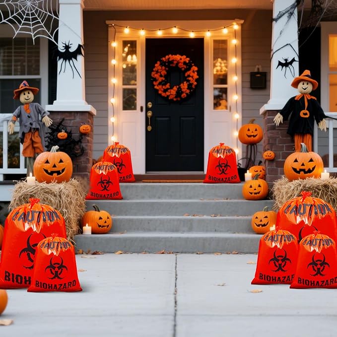 12 Pcs Large Halloween Leaf Bags Biohazard Halloween Decorations Halloween Trash Bags for Leaves Plastic Yard Lawn Waste Bags Scientist Biohazard Bags Outdoor Biohazard Zombie Party Decorations (Red)