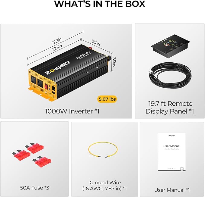 BougeRV 1000W Pure Sine Wave Inverter Convert 12V DC to 120V/110V AC, Fully 1000W Output, Built-in BT for BougeRV APP, Wired Remote Controller, Off-Grid Solar System, RV, Backup Power