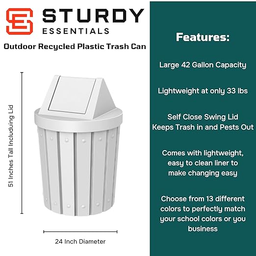42 Gallon Round Slatted 100% Recycled Plastic Indoor or Outdoor Commercial Trash Can with Easy Access Swing Top Lid | Great for Schools and Businesses - White