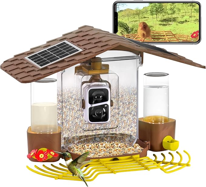 Aivituvin Smart Bird Feeder Camera with AI Identification, Solar Powered, Wireless Hummingbird Feeder with Food, Water, Honey, Present for Bird Lovers (Brown)