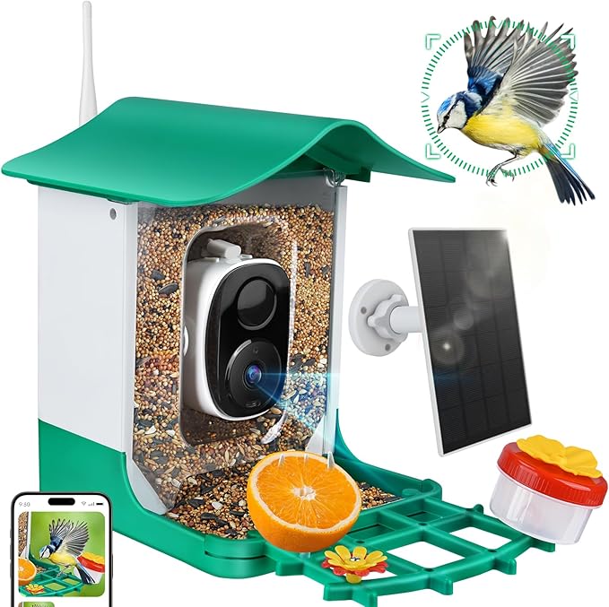 Smart Bird Feeder with Camera, 2K 3MP HD WiFi, AI Bird Species Recognition, Dual-Band 2.4G/5G WiFi, 2L Large Seed Container, IP65 Weatherproof, Solar Powered, Two-Way Audio