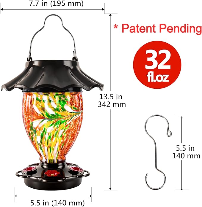 LUJII Solar Hummingbird Feeder for Outdoors Hanging with Color Changing, Hand Blown Glass Reservoir, 32 fl.oz, Never Leak, Lighted Lantern for Garden Decor, Unique Gift for Bird Lover (Red)