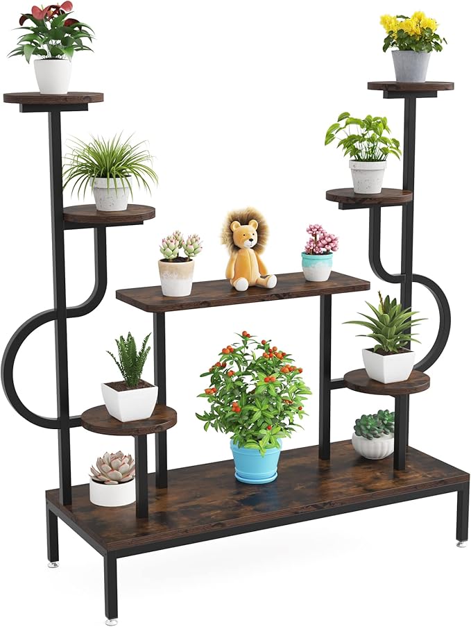 Tribesigns 8-Tier Metal Plant Stand, Large Tall Plant Shelf for Multiple Plants, Round & Square Boards, Wood Indoor Ladder Holder Flower Rack for Living Room, Patio, Balcony (Rustic Brown & Black)
