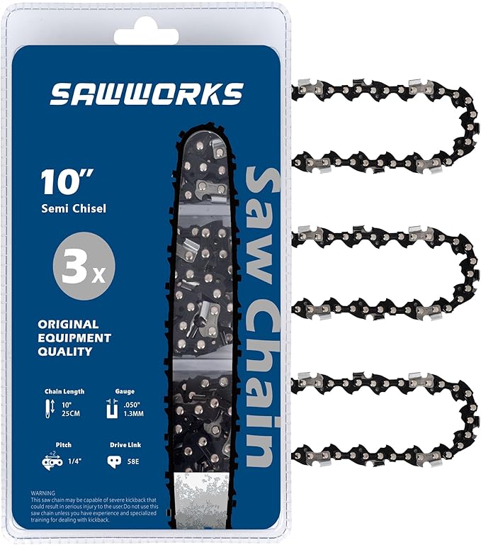 SawWorks 3-Pack 10 Inch Pole Saw Chain, 1/4" Pitch .050" Gauge 58 Drive Links Fits Greenworks PS80L210, PS80L00, PS60L210, PS60L00, PS60L01, PS60L211, Kobalt KPS 1080B-06, 2080A-06 More