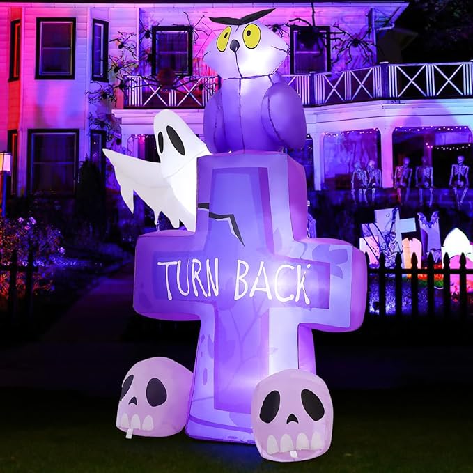 GOOSH 6FT Halloween Inflatables Outdoor Decoration - Halloween Blow Up Decorations Outside Inflatable Owl on Tombstone Ghost Skull with LED Lights for Decor Party Garden Lawn