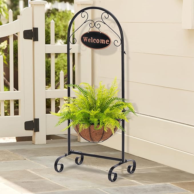 Metal Welcome Planter Basket Stand with Coco Liner, 39.5” Hanging Planter Stand with Decorative Welcome Sign Outdoor Decor for Garden, Patio, Deck, Entry and Front Porch
