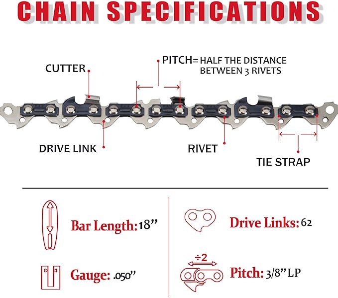 E & S 3 Pack 18 Inch Chainsaw Chain 3/8" LP Pitch .050" Gauge 62 Drive Links Semi-Chisel Chain Saw Chains for Husqvarna, Poulan, Craftsman, Greenworks and More Chainsaw Brands