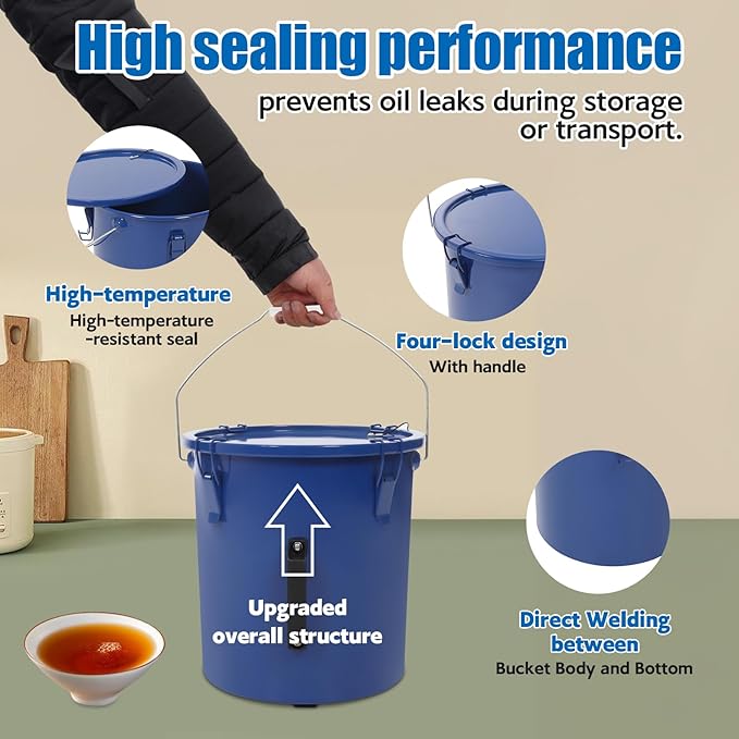 6 Gallon Commercial Fryer Oil Bucket with Lid, Fryer Grease Bucket, Coated Carbon Steel Fryer Oil Container with Rubber Seal, Rustproof, Leakproof, Filter Bag for Hot Cooking Oil Filteringm, Blue