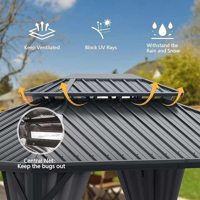 Domi 10’ X 14’ Hardtop Gazebo Canopy with Netting & Curtains, Outdoor Metal Gazebo with Galvanized Steel Double Roof for Patio Lawn and Garden, Gray