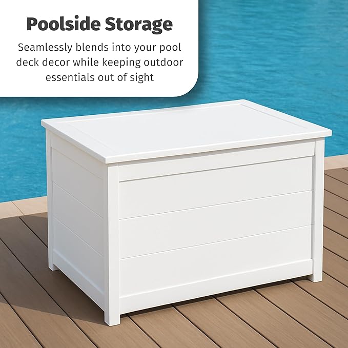 DutchCrafters Poly Waterproof Outdoor Deck Box 200-Gallon Large Deck Box Weatherproof Storage for Pool Decor, Porch Packages, Pool Towel Holder, Holds Up To 10 Cushions (Turquoise Blue & White)