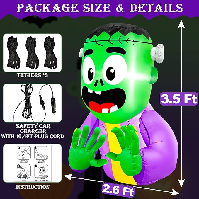 3.5 FT Halloween Inflatable Trunk Or Treat Car Decorations Kit Blow Up Green Zombie Frankenstein with Built-in LEDs, Halloween Car Trunk Or Treat Decorations for SUVs Sedans Yard Outdoor Party Decor
