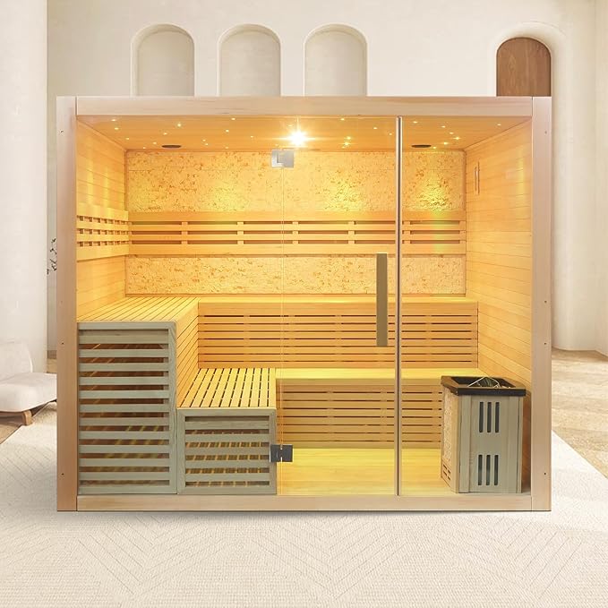 6-8 Person Indoor Sauna HARVIA 220V 6KW Canadian Hemlock Wooden Steam Sauna with LCD Control Panel, Bluetooth Speakers, Panoramic Tempered Glass and Decorative Stone