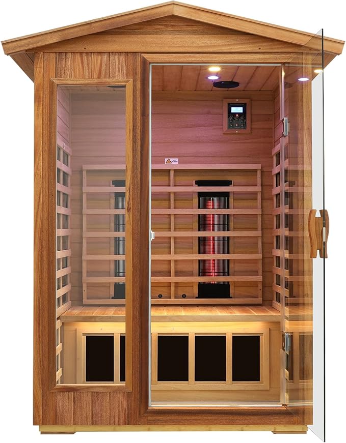 Outdoor Sauna 2 Person, Ceramic Infrared Saunas for Home, 0－5 mg Low EMF Infrared Sauna, Mahogany Wood Home Sauna Room with Bluetooth Speakers, LED Reading Lamps, Chromotherapy Lights