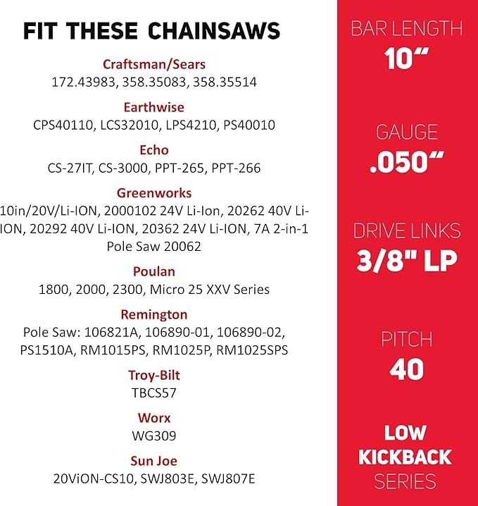 E & S 3 Pack 10 Inch Chainsaw Chain 3/8" LP Pitch .050" Gauge 40 Drive Links Semi-Chisel Chain Saw Chains for Husqvarna, Poulan, Craftsman, Greenworks and More Chainsaw Brands