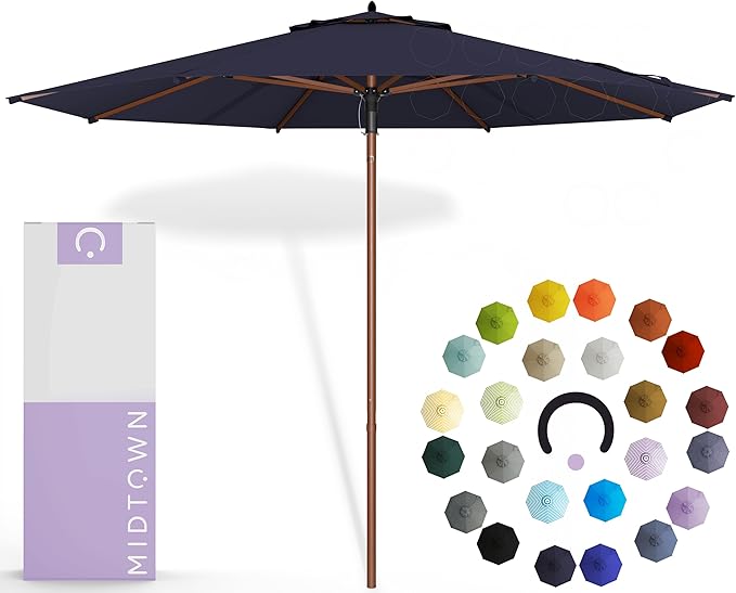 Midtown Umbrellas The Wooden 8 Feet Patio Umbrella With Terylast Navy (Navy Blue) Polyester Fabric - Aluminum Frame Market Umbrella For Backyard, Deck, Garden, Pool - Wooden Pole