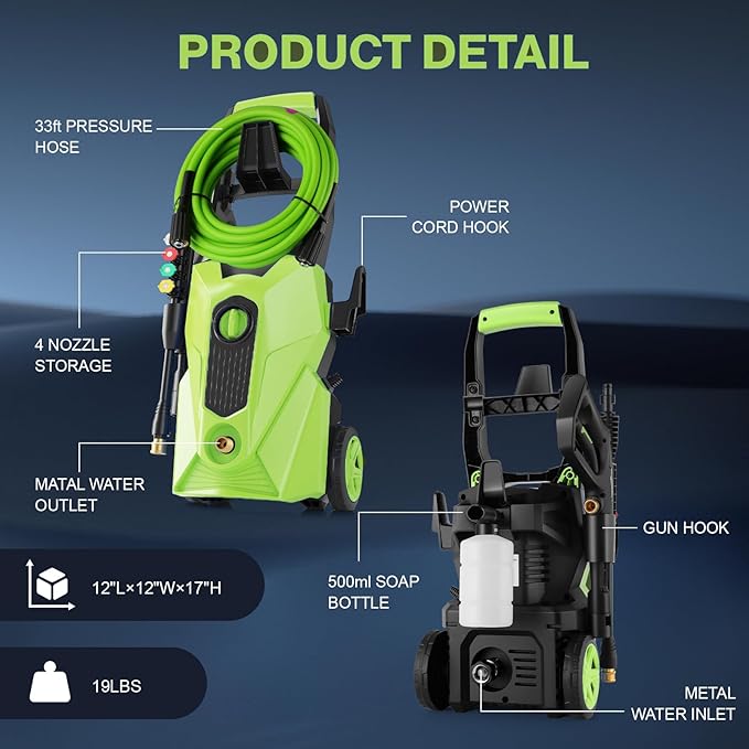 2025 New 5000PSI Pressure Cleaner, Power Cleaner with 33FT Resistant Extension Hose and 4 Nozzles, Compatible with Undercarriage Cleaners, Professional Powerwashers for Home/Car(Green)