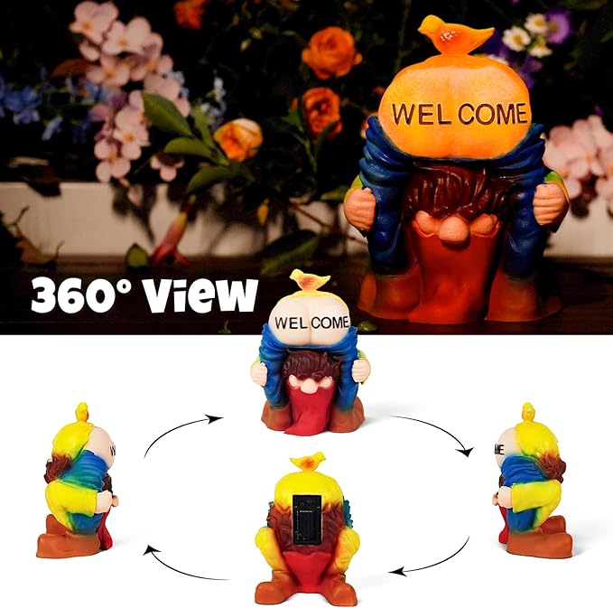 Solar Garden Statues Lights, 8.5" Cute Outdoor Gnome Figurine with Auto On/Off for Yard Patio Decor, Gifts for Women, Grandma, Mom, Housewarming (Welcome Gnome)