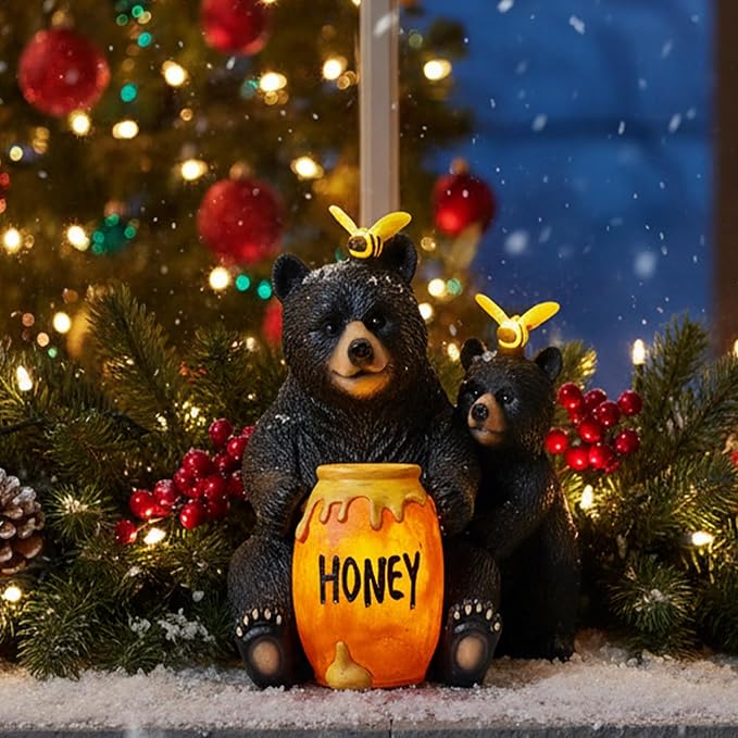 Solar Garden Decor Statues 7" Resin Mother&Cub Bear Figurines with Honey Jar Waterproof Black Bear Decor for Outside Yard Patio Porch Decoration Gift for Mom Grandma