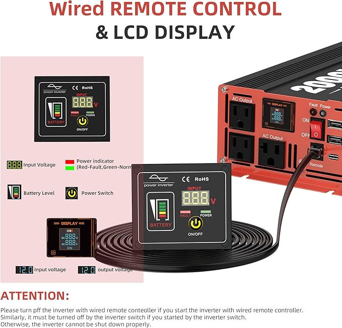 2000W Pure Sine Wave Inverter, Car Power Inverter 24V to 120V AC Converter for RV, Truck, Solar, Outdoor with Dual AC and 20A Socket, 18W+30W USB, PD60W, Surge 4000W, Remote Control(2000W-24V)