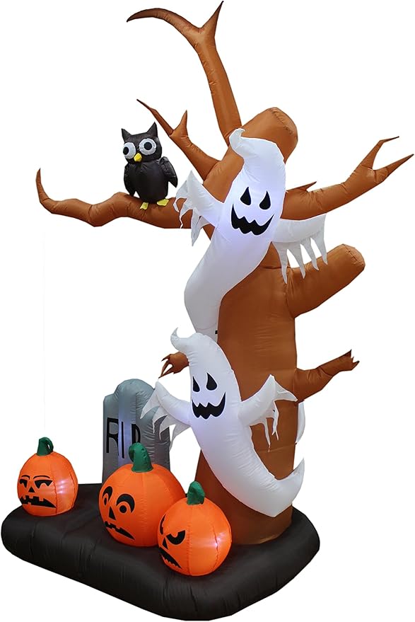 9 Foot Tall Halloween Inflatable Tree with Ghosts, Pumpkins, Owl and Tombstone LED Lights Decor Outdoor Indoor Holiday Decorations, Blow up Lighted Yard Decor, Lawn Inflatables Home Family Outside