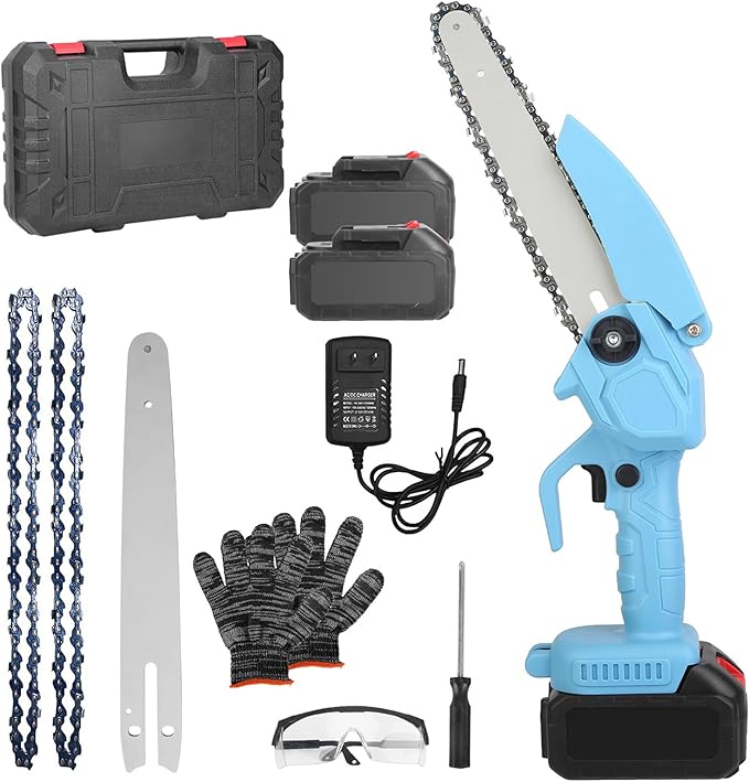 Mini Chainsaw Cordless 8 Inch, Battery Powered Electric Chainsaw with Security Lock, Small Handheld Chain Saw for Tree Branches, Cordless Hand Saw for Wood Cutting, Blue