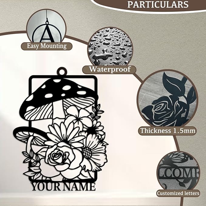 Personalized Customize Name Fantasy Mushroom Wonderland Wind Chime, Metal Iron 37 Inch Outdoor Memorial Gift for Garden Yard Patio Home Decor, Black (Style H)
