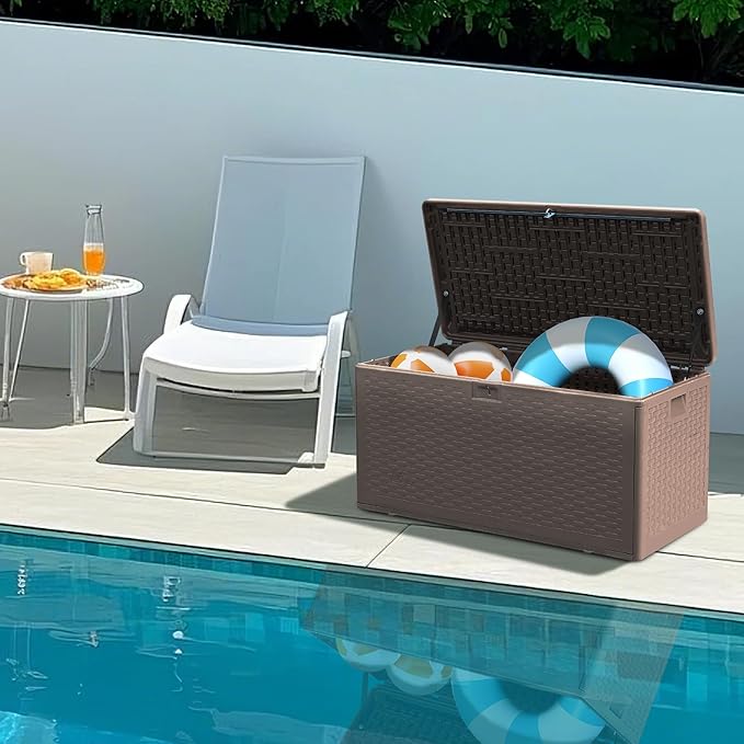 TARKARI Premium Pro Edition 73 Gallon Lockable Resin Deck Box, Waterproof & UV-Resistant Outdoor Storage Box for Outdoor Cushion Storage, Garden Tools & Pool Accessories Storage, Brown