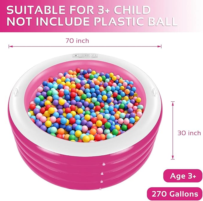 Inflatable Pool, Large Deep Round 70"x30" Family Inflatable Swimming Pool with Handles, Summer Water Party, Kids, Outdoor, Garden Backyard, Suitable for Adults & 3+ Year Olds (Pink)