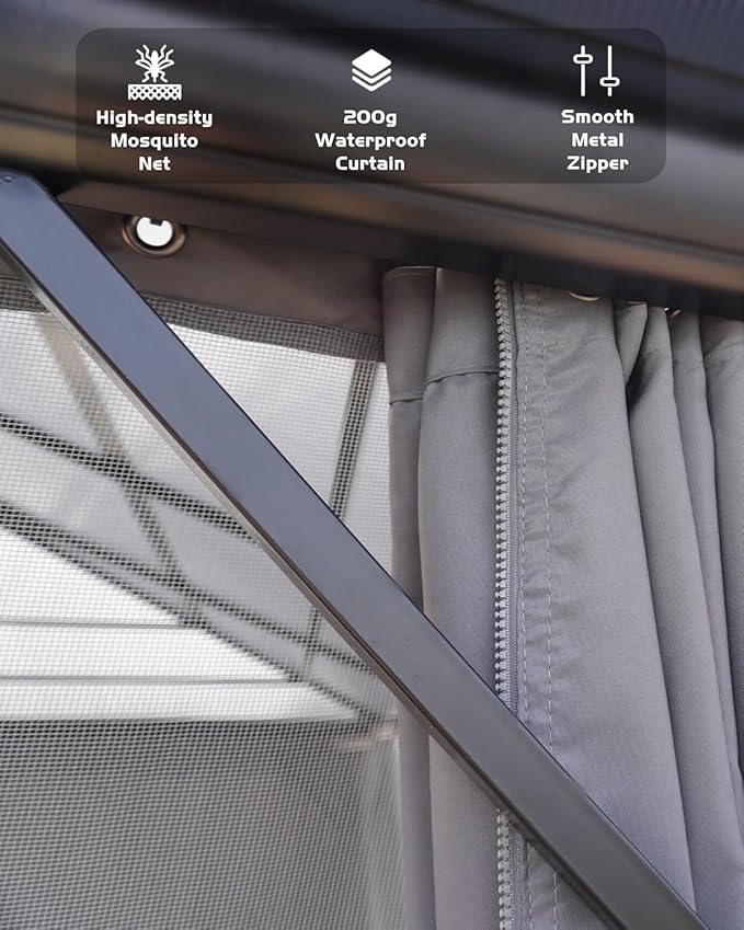 GAOMON Hardtop Gazebo 10'x13', with Double Polycarbonate Roof, Aluminum Alloy Frame, Net, and Curtain, Permanent Building of Backyard Luxury, for Patio, Deck, Backyard, Lawn, and Garden, Gray