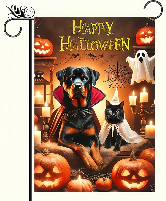 Happy Halloween Garden Flag Double Sided 12x18 Flag Halloween Cat Dog Ghosts Pumpkins Garden Flag Holiday Decoration Rottweiler Black Cat Garden Flag Porch Outdoor Yard Lawn Patio Banner