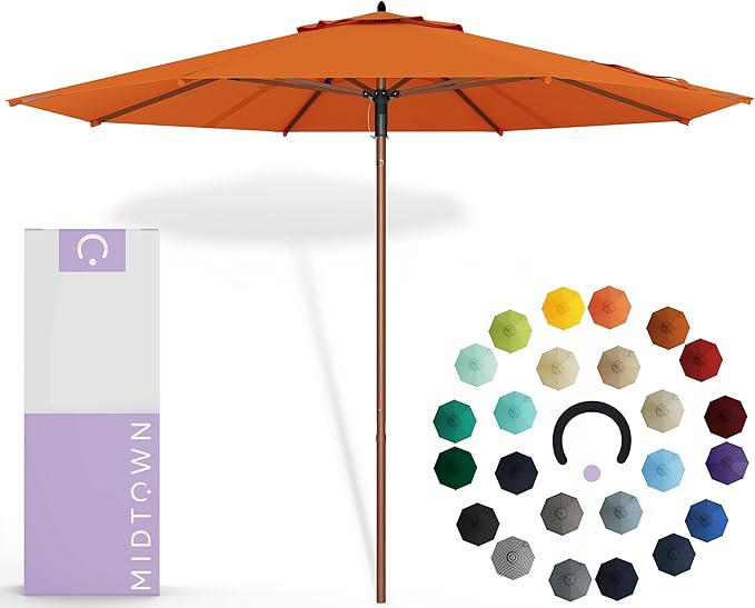 Midtown Umbrellas The Wooden 10 Feet Patio Umbrella With Sunbrella Canvas Tuscan Acrylic Fabric - Aluminum Frame Market Umbrella For Backyard, Deck, Garden, Pool - Wooden Pole