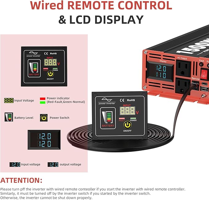 1500 Watt Pure Sine Wave Power Inverter DC 12V to 120V AC, with 2 AC,18W USB, and 30W Type-C Charging Ports, Car Solar Power Inverters with LCD Display for Home RV Truck, Surge 3000W(1500W-12V)